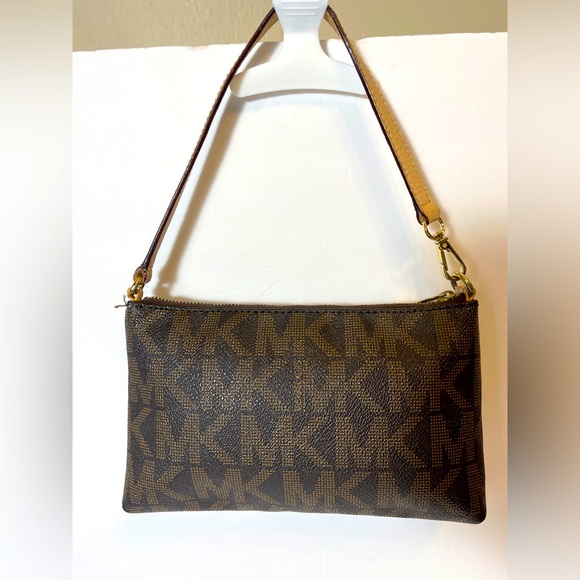 Michael Kors Zip Around Mini  purse Wristlet Clutch Brown Gold Logo Signature MK - Picture 7 of 14